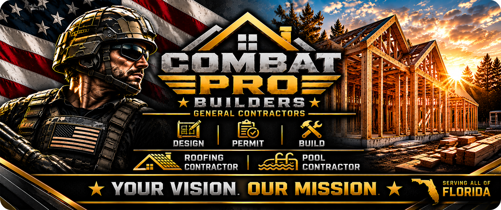 Combat Pro Builders General Contractors — design, permit, build. Roofing and pool contractor. Your vision. Our mission. Serving all of Florida.